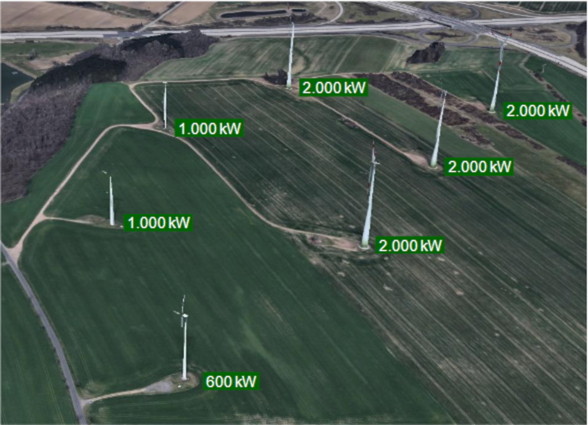 Windkraftanlagen auf dem Windpark Galgenberg mit Leistung in Kilowatt