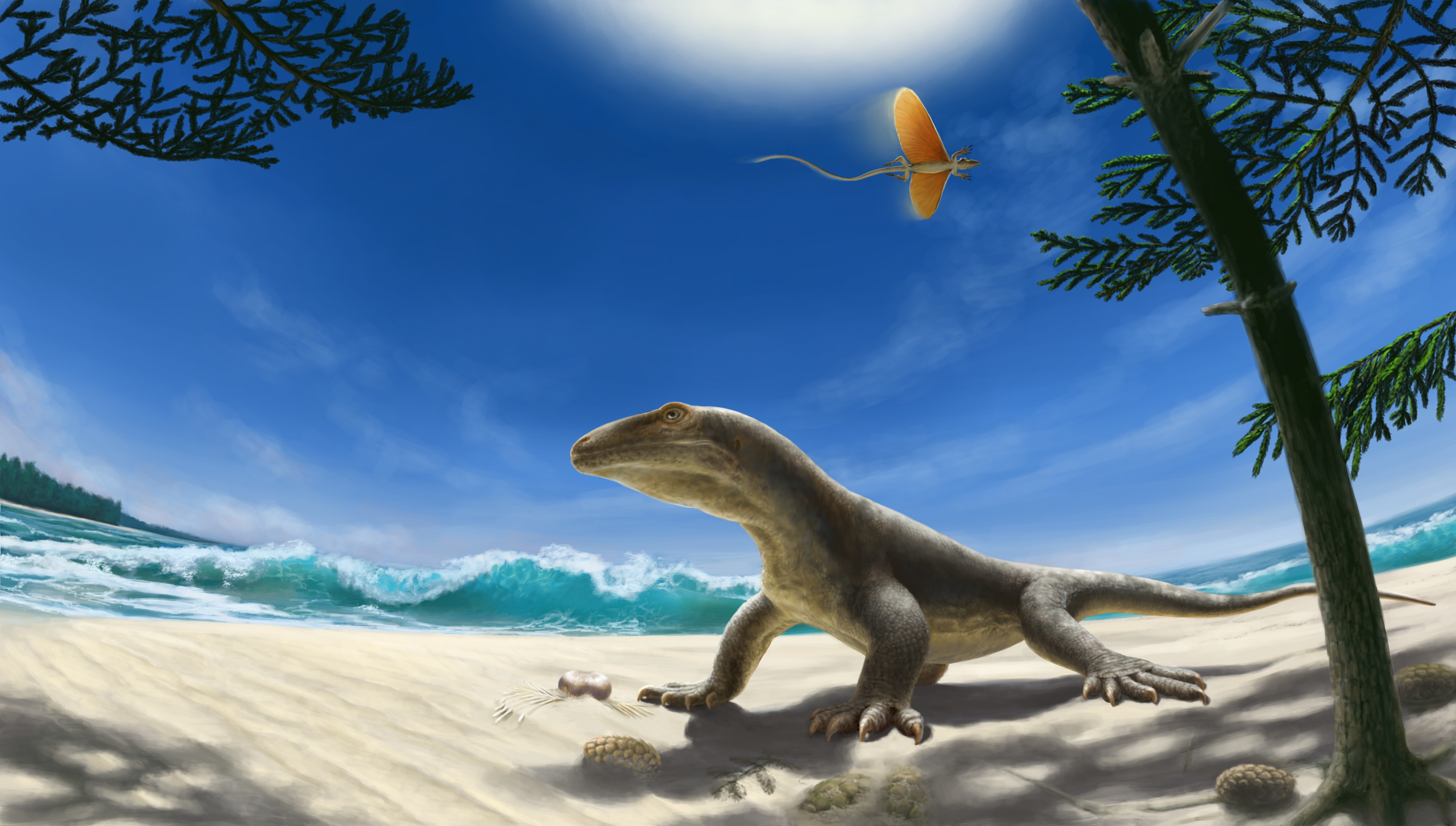 Das Reptil Protorosaurus an der Küste des Zechsteinmeeres, am Himmel das erste gleitfliegende Reptil.