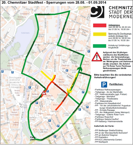 20. Chemnitzer Stadtfest - Übersichtsplan zu Verkehrsraumeinschränkungen