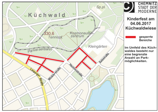 Übersicht der Sperrungen im Umfeld des Kinderfestes Küchwaldpark am 4. Juni