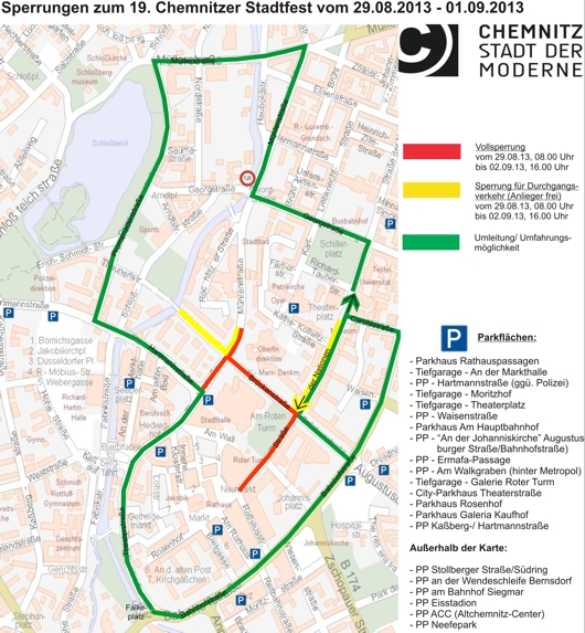 Übersichtskarte der Verkehrseinschränkungen zum Chemnitzer Stadtfest