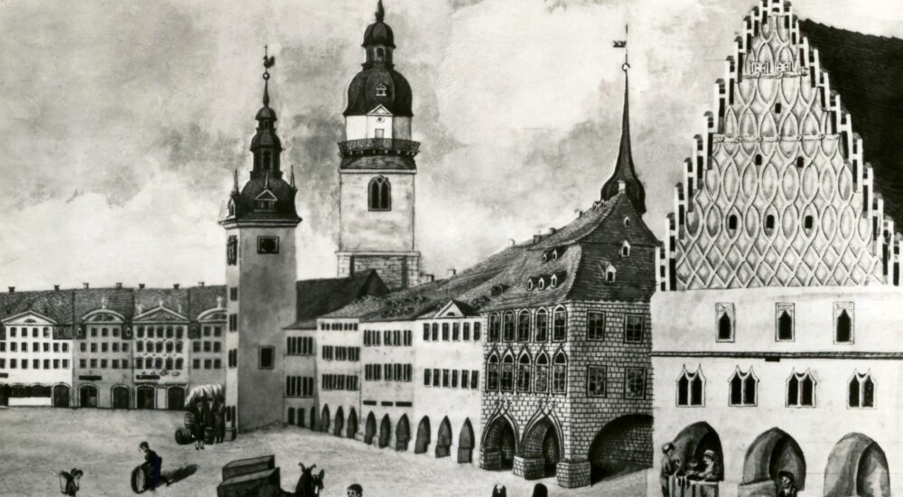 West-facing view of the market with the Town Hall, arcades and Gewandhaus linen hall, painting circa 1820