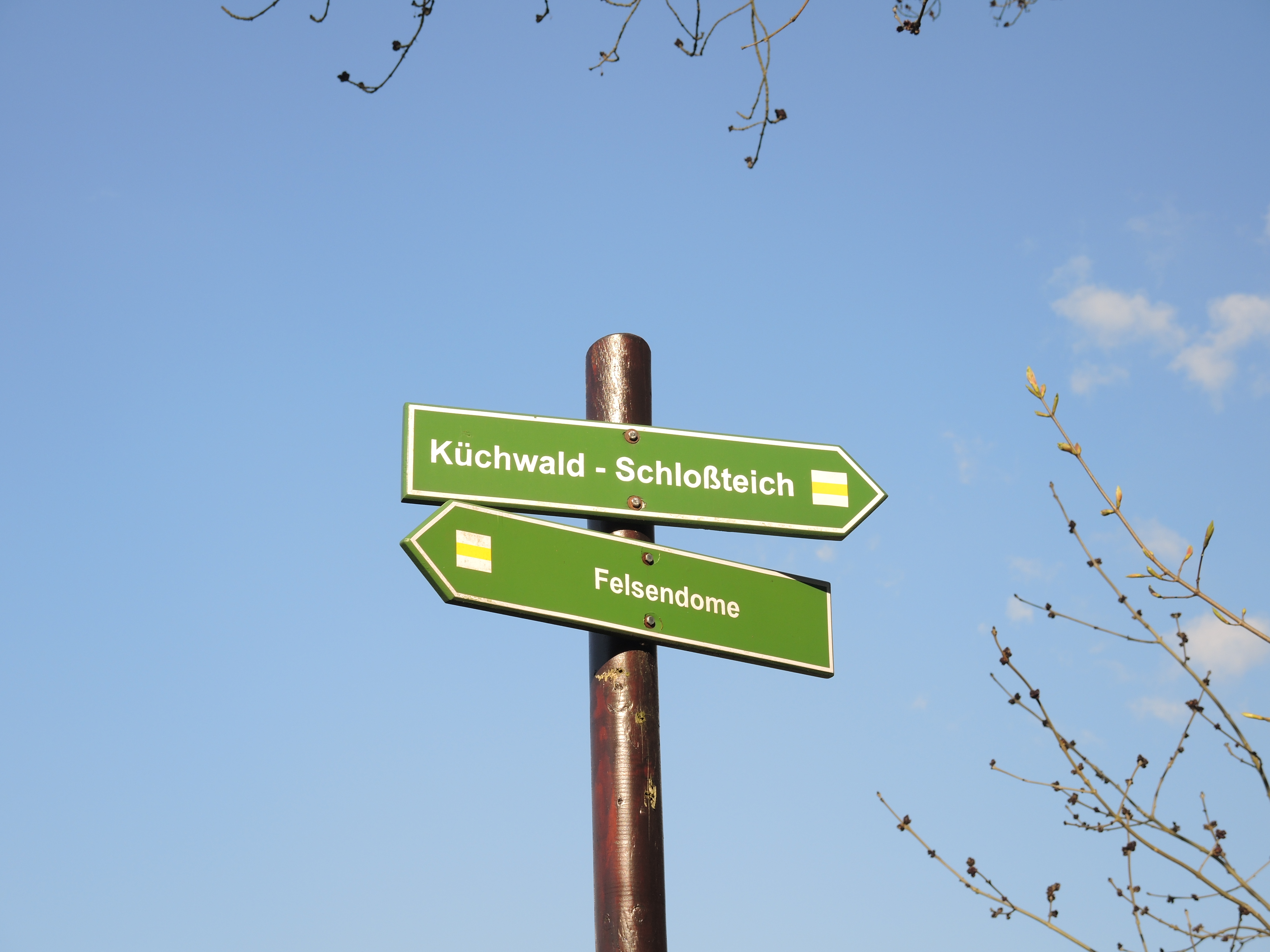 In Chemnitz und Umgebung 322 Kilometer markierte Wanderwege. Hier zu sehen: Wegweiser am Wanderweg West-Ost im Crimmitschauer Wald.