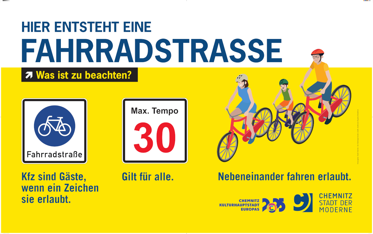 Mit diesen Plakaten wird die neue Fahrradstraße vor Ort angekündigt.