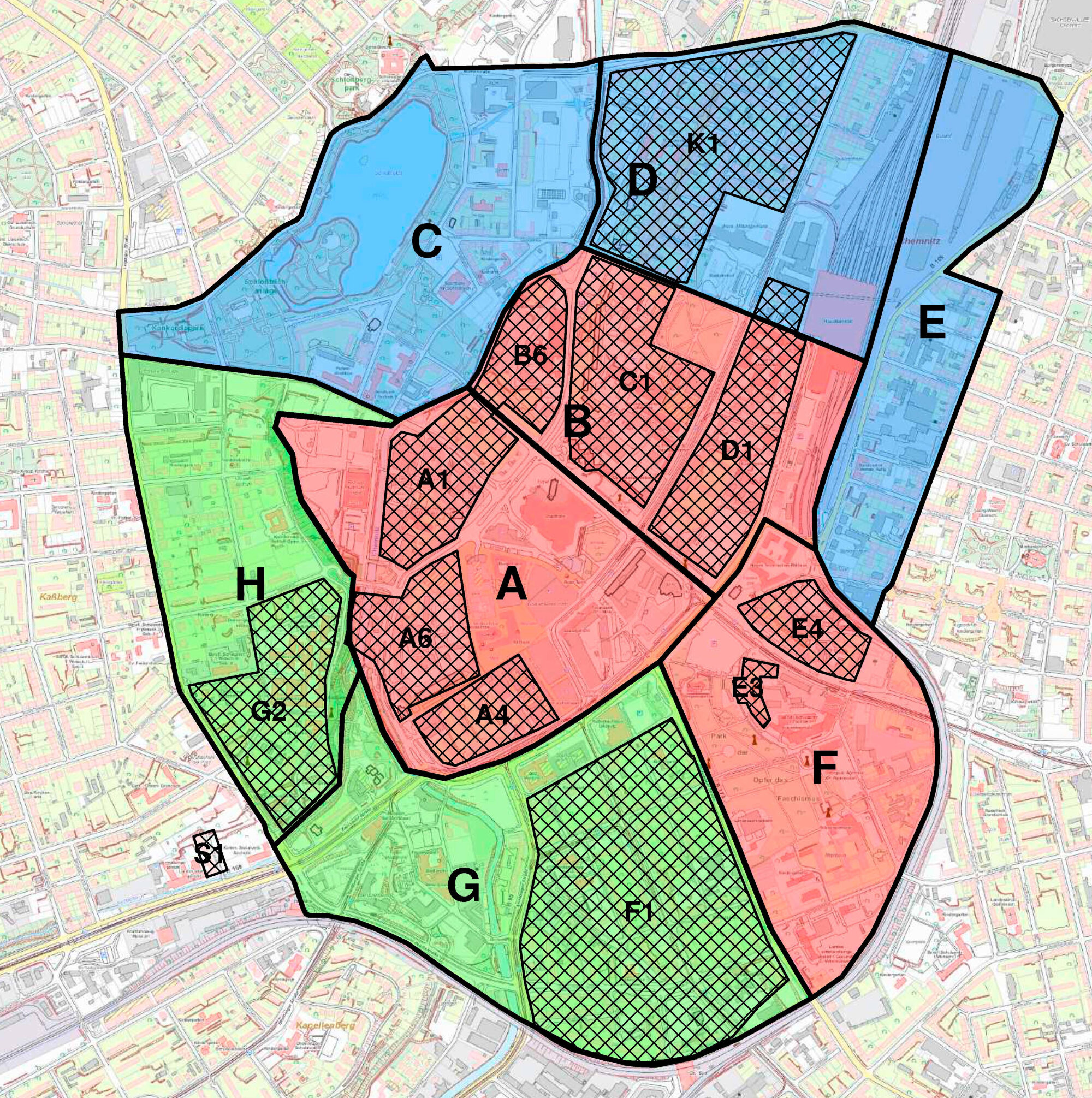 Neue Bewohnerparkzonen: 1. Stufe (ab Juni 2021): Zone A, B und F. Stufe 2: Zone C, D und E. Stufe 3: Zone G und H. Schraffierte Fläche: bereits bestehende Bewohnerparkzonen. 